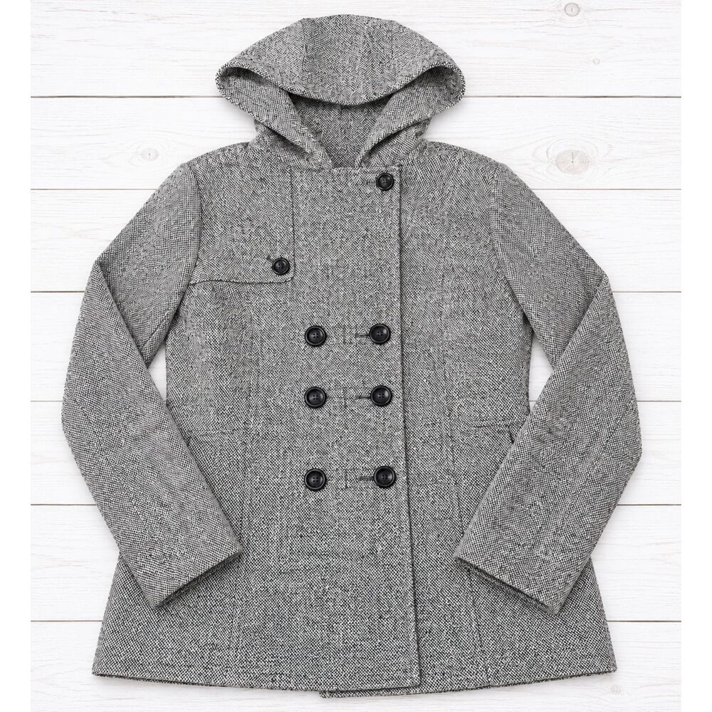 Croft & Barrow Black White Tweed Hooded Double Breasted Peacoat Women's XL 4885